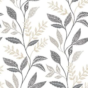 roommates rmk12178plw white cottage vine peel and stick wallpaper, grey, taupe