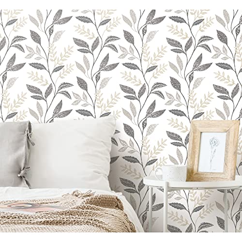 RoomMates RMK12178PLW White Cottage Vine Peel and Stick Wallpaper, Grey, Taupe