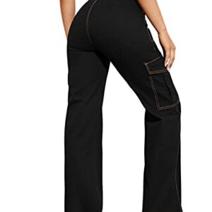 SweatyRocks Women's High Waist Cargo Jeans Flap Pocket Wide Leg Denim Pants Solid Black XXS