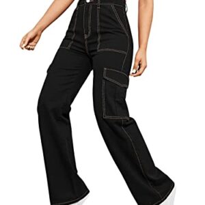SweatyRocks Women's High Waist Cargo Jeans Flap Pocket Wide Leg Denim Pants Solid Black XXS