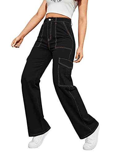 SweatyRocks Women's High Waist Cargo Jeans Flap Pocket Wide Leg Denim Pants Solid Black XXS