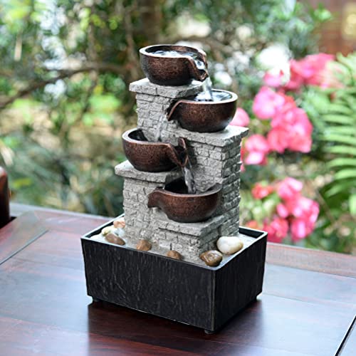 Kalona 4-Tier Cascading Bowl Fountains Indoor Waterfall Fountain Relaxation/Meditation Tabletop Fountain Artistic Peaceful Desk Fountains with Reflective Lighting/Rocks Home/Office Decoration(21132B)