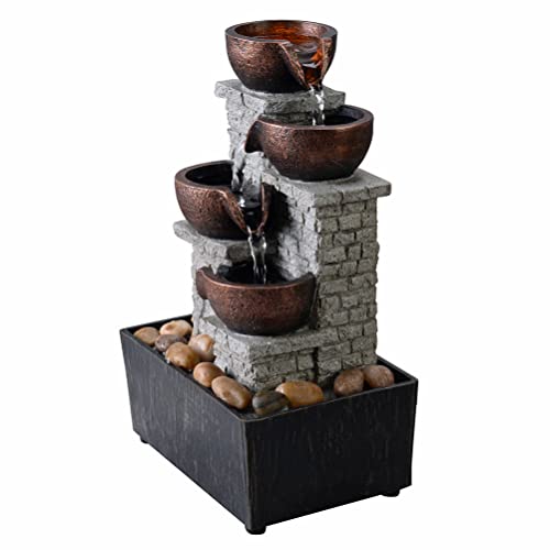 Kalona 4-Tier Cascading Bowl Fountains Indoor Waterfall Fountain Relaxation/Meditation Tabletop Fountain Artistic Peaceful Desk Fountains with Reflective Lighting/Rocks Home/Office Decoration(21132B)