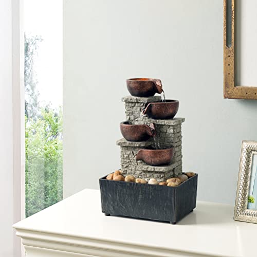 Kalona 4-Tier Cascading Bowl Fountains Indoor Waterfall Fountain Relaxation/Meditation Tabletop Fountain Artistic Peaceful Desk Fountains with Reflective Lighting/Rocks Home/Office Decoration(21132B)