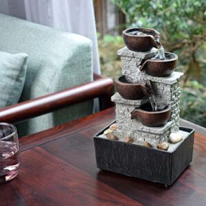 Kalona 4-Tier Cascading Bowl Fountains Indoor Waterfall Fountain Relaxation/Meditation Tabletop Fountain Artistic Peaceful Desk Fountains with Reflective Lighting/Rocks Home/Office Decoration(21132B)