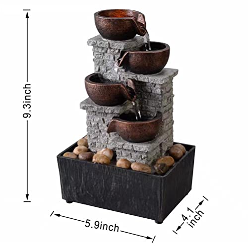 Kalona 4-Tier Cascading Bowl Fountains Indoor Waterfall Fountain Relaxation/Meditation Tabletop Fountain Artistic Peaceful Desk Fountains with Reflective Lighting/Rocks Home/Office Decoration(21132B)