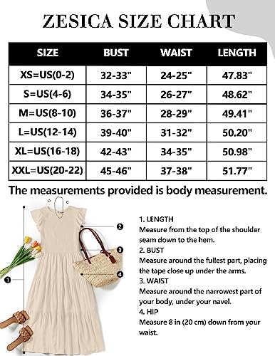 ZESICA Women's 2023 Summer Casual Flutter Short Sleeve Crew Neck Smocked Elastic Waist Tiered Midi Dress,Apricot,Large