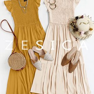 ZESICA Women's 2023 Summer Casual Flutter Short Sleeve Crew Neck Smocked Elastic Waist Tiered Midi Dress,Apricot,Large