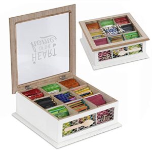 handrong tea box for tea bag organizer wooden tea bag holder tea chest with 9 compartments and glass cover for home tea parties and gift