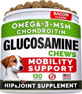 glucosamine treats for dogs - joint supplement w/omega-3 fish oil - chondroitin, msm - advanced mobility chews - joint pain relief - hip & joint care - bacon flavor - 120 ct - made in usa