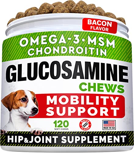 Glucosamine Treats for Dogs - Joint Supplement w/Omega-3 Fish Oil - Chondroitin, MSM - Advanced Mobility Chews - Joint Pain Relief - Hip & Joint Care - Bacon Flavor - 120 Ct - Made in USA