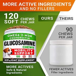 Glucosamine Treats for Dogs - Joint Supplement w/Omega-3 Fish Oil - Chondroitin, MSM - Advanced Mobility Chews - Joint Pain Relief - Hip & Joint Care - Bacon Flavor - 120 Ct - Made in USA
