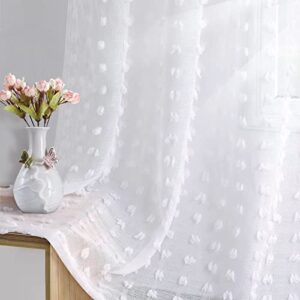 guken grommet pom pom sheer curtains 84 inch length 2 panels set for living dining room white textured curtain for bedroom floor length semi sheer voile boho farmhouse curtain panels 52x84 inches long