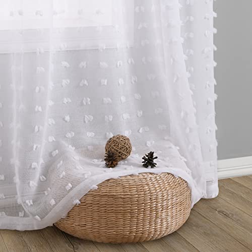 Guken Grommet Pom Pom Sheer Curtains 84 Inch Length 2 Panels Set for Living Dining Room White Textured Curtain for Bedroom Floor Length Semi Sheer Voile Boho Farmhouse Curtain Panels 52x84 Inches Long