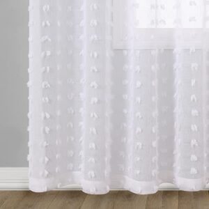 Guken Grommet Pom Pom Sheer Curtains 84 Inch Length 2 Panels Set for Living Dining Room White Textured Curtain for Bedroom Floor Length Semi Sheer Voile Boho Farmhouse Curtain Panels 52x84 Inches Long