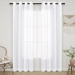 Guken Grommet Pom Pom Sheer Curtains 84 Inch Length 2 Panels Set for Living Dining Room White Textured Curtain for Bedroom Floor Length Semi Sheer Voile Boho Farmhouse Curtain Panels 52x84 Inches Long