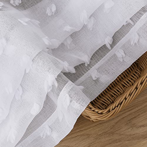 Guken Grommet Pom Pom Sheer Curtains 84 Inch Length 2 Panels Set for Living Dining Room White Textured Curtain for Bedroom Floor Length Semi Sheer Voile Boho Farmhouse Curtain Panels 52x84 Inches Long