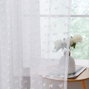 Guken Grommet Pom Pom Sheer Curtains 84 Inch Length 2 Panels Set for Living Dining Room White Textured Curtain for Bedroom Floor Length Semi Sheer Voile Boho Farmhouse Curtain Panels 52x84 Inches Long