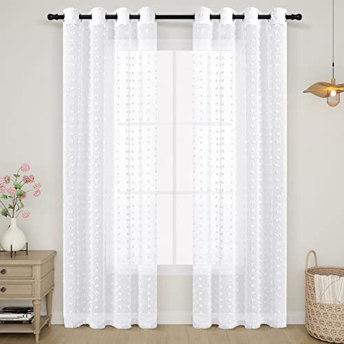 Guken Grommet Pom Pom Sheer Curtains 84 Inch Length 2 Panels Set for Living Dining Room White Textured Curtain for Bedroom Floor Length Semi Sheer Voile Boho Farmhouse Curtain Panels 52x84 Inches Long