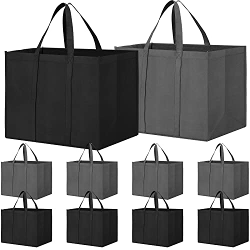 WISELIFE Reusable Grocery Shopping Bags 10 Pack Large Foldable Tote Bags Bulk, Eco Produce Bags with Long Handle for Shopping Groceries Clothes (Dark Grey & Black)