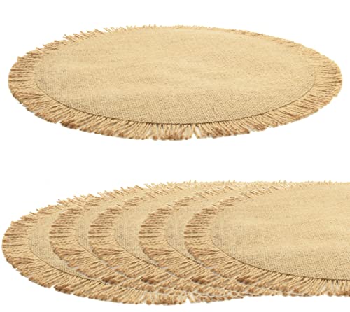 ANQLRMD Burlap Round Placemats Set of 6 Fall Table Decor, Boho Natural Jute with Fringe Table Mats for Dining Table, Rustic Farmhouse Table Circle Placemats Dia 15", Indoor& Outdoor Eco-Friendly