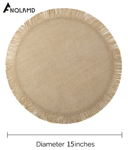 ANQLRMD Burlap Round Placemats Set of 6 Fall Table Decor, Boho Natural Jute with Fringe Table Mats for Dining Table, Rustic Farmhouse Table Circle Placemats Dia 15", Indoor& Outdoor Eco-Friendly