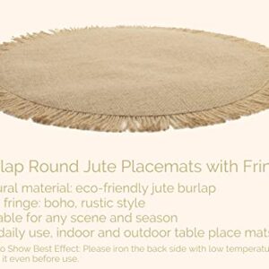 ANQLRMD Burlap Round Placemats Set of 6 Fall Table Decor, Boho Natural Jute with Fringe Table Mats for Dining Table, Rustic Farmhouse Table Circle Placemats Dia 15", Indoor& Outdoor Eco-Friendly