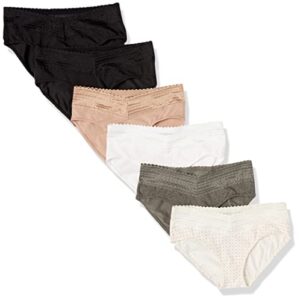 warner's womens blissful benefits dig-free comfort waist with lace cotton 6-pack ru2266w hipster panties, toasted almond/black/ white/bodytone polda dot/stone crystal web/ black, large us