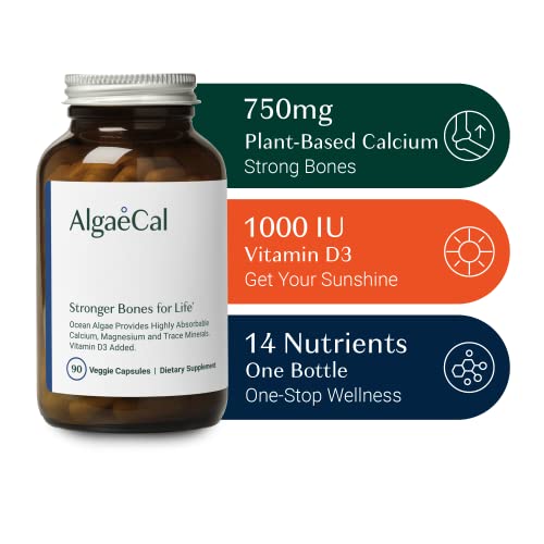 ALGAECAL - Plant Based Calcium Supplement with Vitamin D3 (1000 IU) for Bone Strength, Contains 13 Minerals Supporting Bone Health, Organic Calcium (750 mg) for Women & Men, 90 Veggie Caps