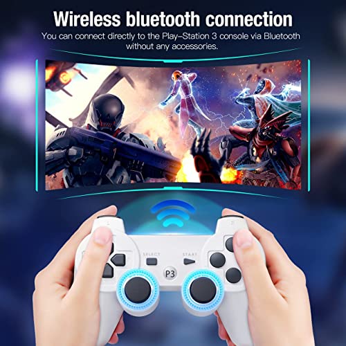 Powerextra PS-3 Controller Wireless Compatible with Play-Station 3 Rechargable Remote Control Gamepad with Charging Cable for PS-3 (White)