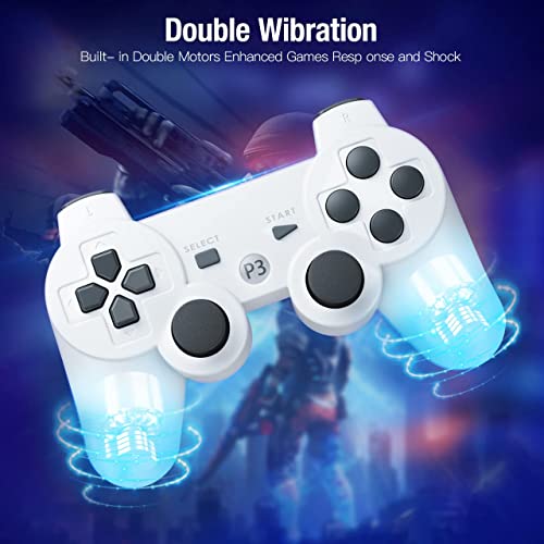 Powerextra PS-3 Controller Wireless Compatible with Play-Station 3 Rechargable Remote Control Gamepad with Charging Cable for PS-3 (White)