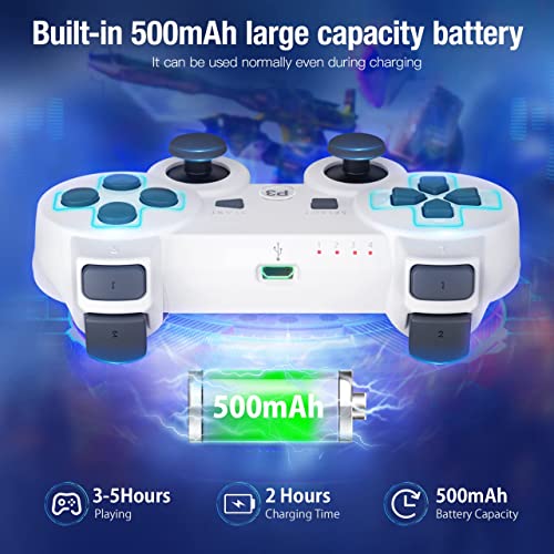 Powerextra PS-3 Controller Wireless Compatible with Play-Station 3 Rechargable Remote Control Gamepad with Charging Cable for PS-3 (White)