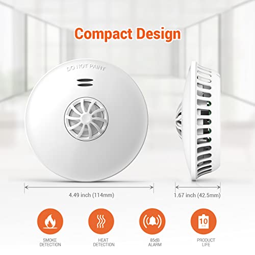 Jemay 2-in-1 Smoke and Heat Detector Alarm,Non-Disturb Mode Fire Alarms Smoke Detectors,10-Year Battery Sealed (Non-Removable),Photoelectric Sensor Alarm,with Easy Install and Test Button,AW192