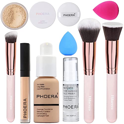 All In One Makeup Kit,12 Colors Eyeshadow Palette,PHOERA Foundation,6 Colors Lipstick Set,PHOERA Primer Powder Concealer Contour,Eyebrow Soap,Waterproof Eyeliner and Mascara, Makeup Brush Set