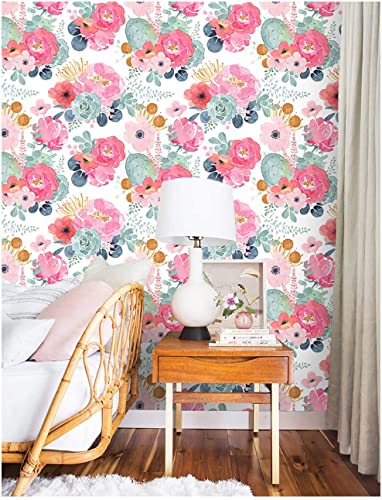 Noihlja Peel and Stick Wallpaper Removable Floral Cactus Pink Navy Flower Vinyl Self Adhesive Prepasted Decorative for Girls Women Bedroom Cabinets Desk Countertops 17.7in x 9.8ft