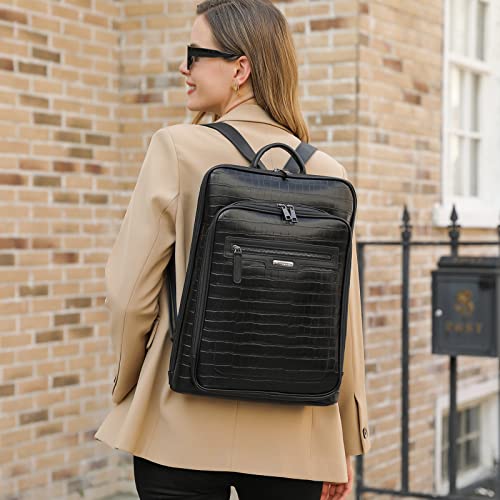 CLUCI Leather Laptop Backpack for Women 15.6 inch Computer Backpack Travel Business Work Large Daypack Black Crocodile