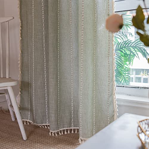 RoomTalks Sage Green Boho Farmhouse Curtains for Bedroom Living Room 84 Inch Length French Country Spring Cute Textured Window Curtain Panels Striped Bohemian Chic Tassel Draperies, 84’’L x 52’’W