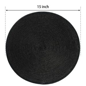 FunWheat Round Braided Placemats Set of 4 Table Mats for Dining Tables Woven Washable Non-Slip Place mats 15Inch (Black, 4pcs)