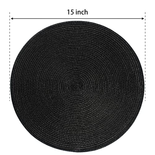 FunWheat Round Braided Placemats Set of 4 Table Mats for Dining Tables Woven Washable Non-Slip Place mats 15Inch (Black, 4pcs)