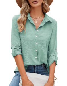 women's button down shirt work business casual 3/4 sleeve tops rolled up plus size shirts v neck curved hem chiffon blouse tops light green