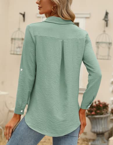 Women's Button Down Shirt Work Business Casual 3/4 Sleeve Tops Rolled Up Plus Size Shirts V Neck Curved Hem Chiffon Blouse Tops Light Green