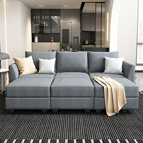 HONBAY Modern Modular Sectional Sofa Sleeper Couch Living Room U Shape Sofa Couch with Ottoman Set, Full Size Sectional Sofa Bed for Small Space, Bluish Grey
