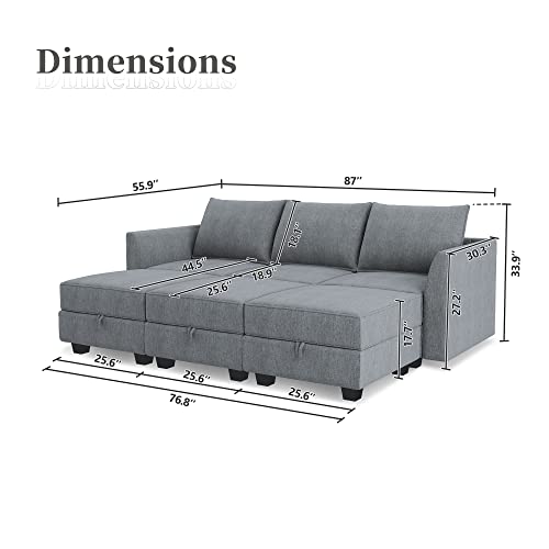 HONBAY Modern Modular Sectional Sofa Sleeper Couch Living Room U Shape Sofa Couch with Ottoman Set, Full Size Sectional Sofa Bed for Small Space, Bluish Grey