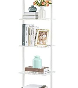 Tajsoon Industrial Bookcase, Ladder Shelf, 5-Tier Wood Wall Mounted Bookshelf with Stable Metal Frame, Storage Shelves for Bedroom, Home Office, Collection, White