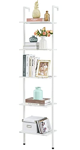 Tajsoon Industrial Bookcase, Ladder Shelf, 5-Tier Wood Wall Mounted Bookshelf with Stable Metal Frame, Storage Shelves for Bedroom, Home Office, Collection, White