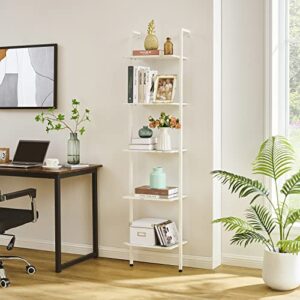 Tajsoon Industrial Bookcase, Ladder Shelf, 5-Tier Wood Wall Mounted Bookshelf with Stable Metal Frame, Storage Shelves for Bedroom, Home Office, Collection, White