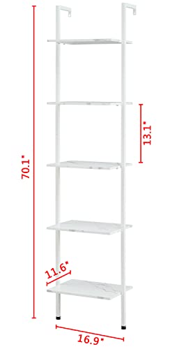 Tajsoon Industrial Bookcase, Ladder Shelf, 5-Tier Wood Wall Mounted Bookshelf with Stable Metal Frame, Storage Shelves for Bedroom, Home Office, Collection, White