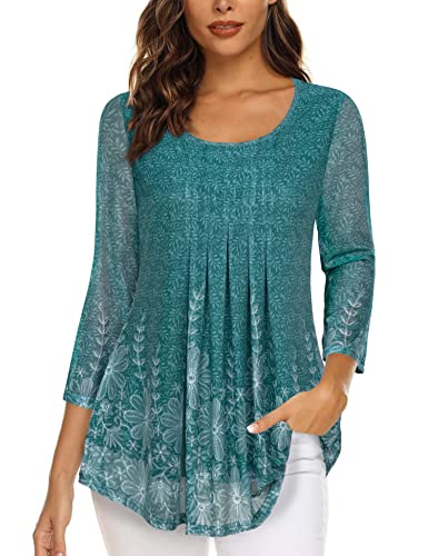 Timeson Womens Tunic Top,Long Tops to Wear with Leggings Womens 3/4 Sleeve Tops and Blouses Spring Fall Business Casual Fancy Shirts for Work Ladies Blouses Dressy Loose Fit Peasant Cyan Floral XL