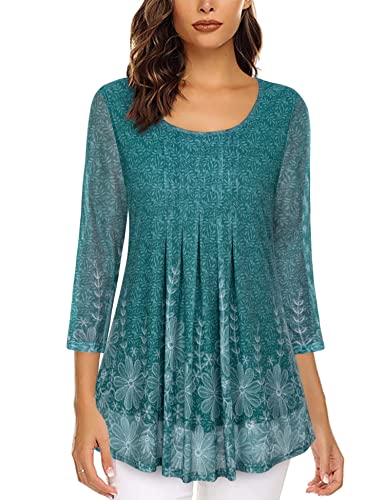 Timeson Womens Tunic Top,Long Tops to Wear with Leggings Womens 3/4 Sleeve Tops and Blouses Spring Fall Business Casual Fancy Shirts for Work Ladies Blouses Dressy Loose Fit Peasant Cyan Floral XL