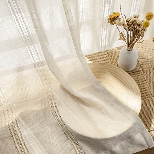 Maison Colette Natural Linen Semi Sheer Privacy Light Filtering Curtain for Living Room, Rod Pocket Transparent Farmhouse Window Drapes,2 Panels,W52 x L63